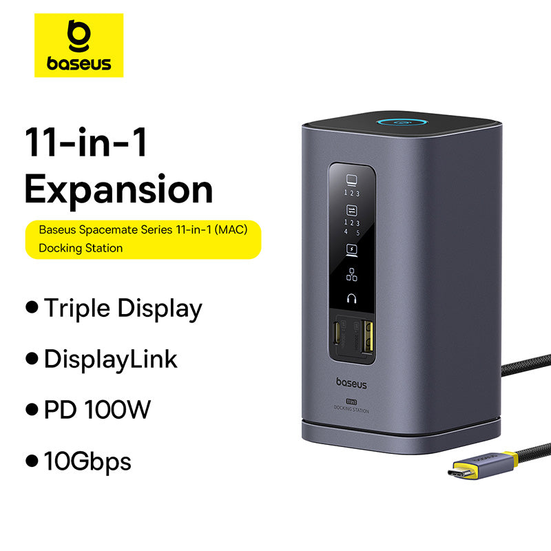 OS-Baseus Spacemate 系列 11 合 1 (MAC) 扩展坞 深空灰色 (USB-C 转 3*HDMI 4K@60Hz+2*USB-A (10Gbps)+1*USB-C (10Gbps)+1*RJ45+2*USB-A (480Mbps)+1*USB-C (PD)+1*3.5mm 音频