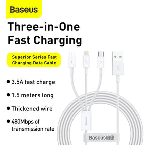 Baseus Superior Series Fast Charging Data Cable USB to M+L+C 3.5A 1.5m-White