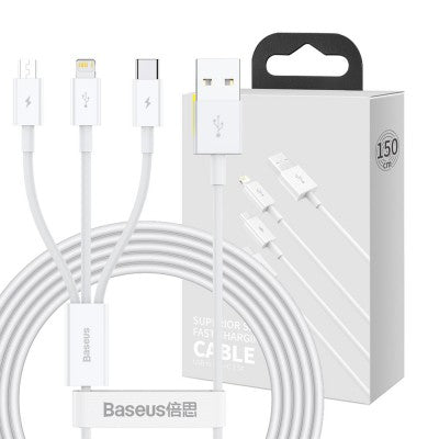 Baseus Superior Series Fast Charging Data Cable USB to M+L+C 3.5A 1.5m-White